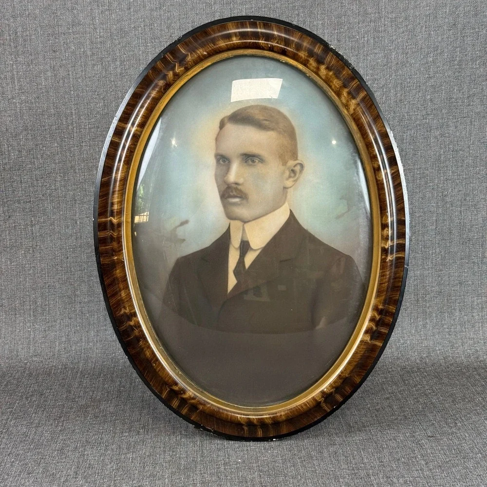Antique Oval Portrait Convex Bubble Glass Tiger Stripe Wood Frame Vintage